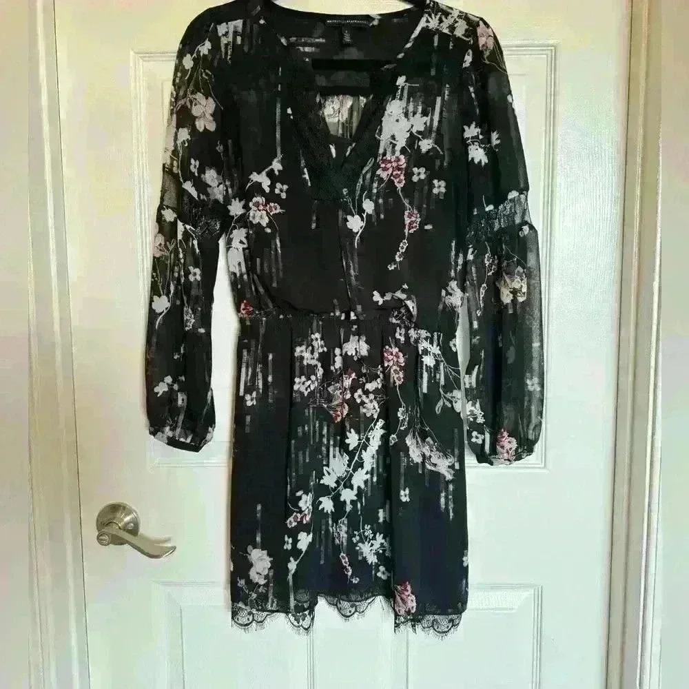 WHBM Whimsigoth Sheer Lace Detail Long Sleeve Dress Bubble Sleeve size 2 Floral